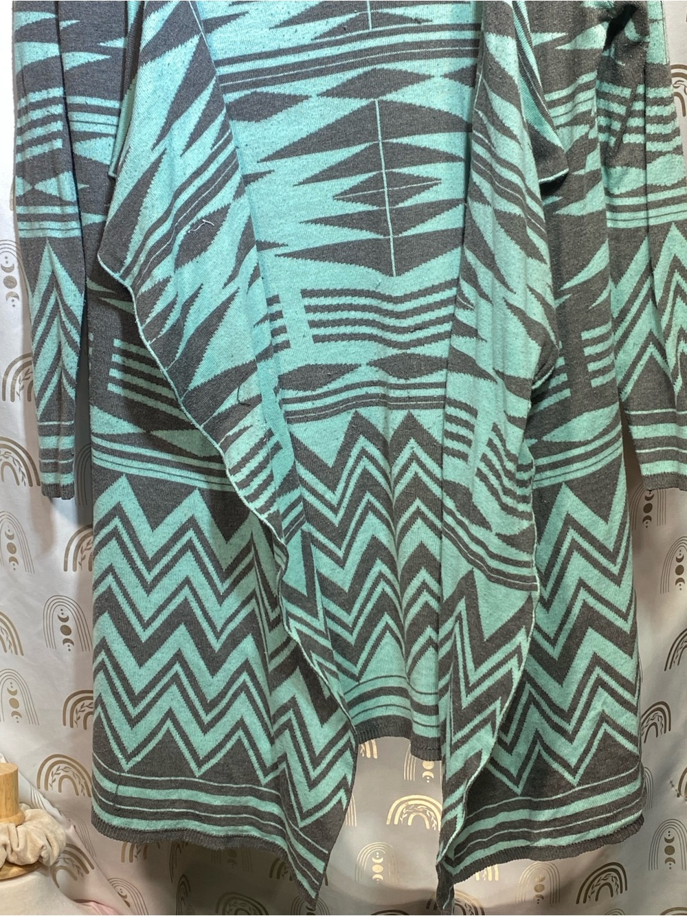Brittany Black Aztec Open-Front Tunic Cardigan - Mint Green & Gray - Picture 3 of 11